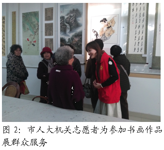 文本框:
图2:市人大机关志愿者为参加书画作品展群众服务